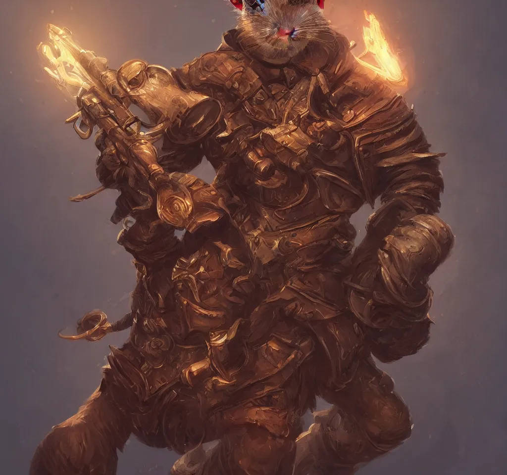 Image similar to a highly detailed illustration of a anthropomorphic rat wearing a long coat holding a wooden shotgun, glowing eyes, dramatic standingm muscular, intricate, elegant, highly detailed, centered, digital painting, artstation, concept art, smooth, sharp focus, league of legends concept art, wlop