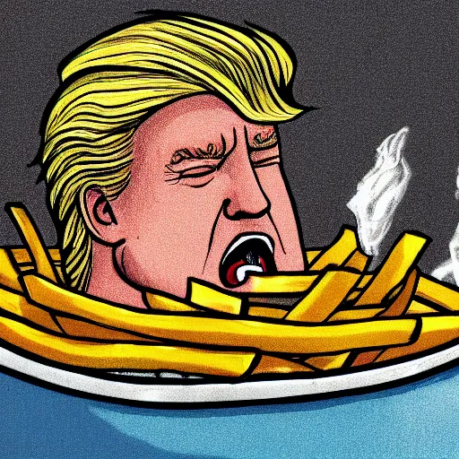 Prompt: high quality photo of Donald Trump, clothed, crying while laying in a bathtub full of French fries