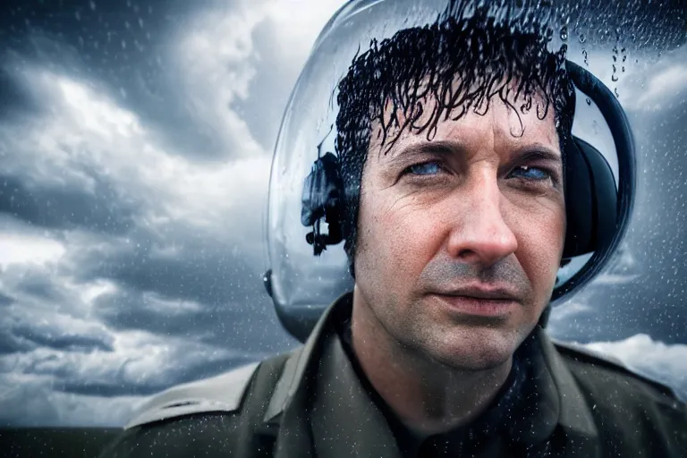 Image similar to an ultra realistic, cinematic, headshot portrait, of an airline pilot, wind, facial features, background of a boeing 7 4 7, with clouds and rain, detailed, deep focus, movie still, dramatic lighting, ray tracing, by michal karcz and yoshitaka amano