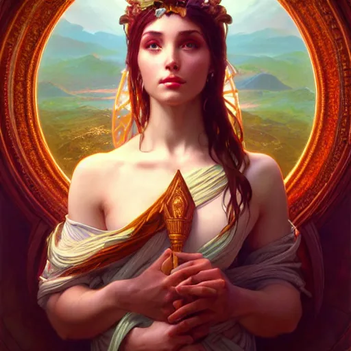 Image similar to perfectly - centered photograph of a goddess, highly detailed, professional digital painting, unreal engine 5, photorealism, hd quality, 8 k resolution, cinema 4 d, 3 d, cinematic, art by artgerm and greg rutkowski and alphonse mucha and loish and wlop