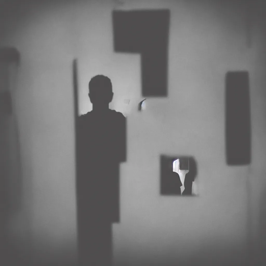 Image similar to portrait of a silhouette looking into a mirror in a decrepit bathroom