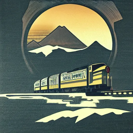 Image similar to atlas shrugged train speeding toward mountains, motion blur, art deco, jormungandr, hokusai, james gurney, on black paper with gold and chartruese link