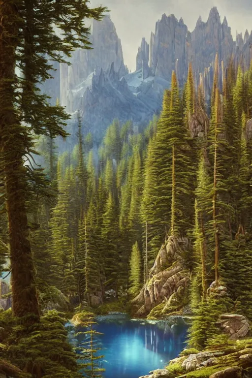 Prompt: painting of dolomites landscape with a blue lake and a dense pines forest, a detailed matte painting by christophe vacher, matte painting, ultra detailed, matte drawing