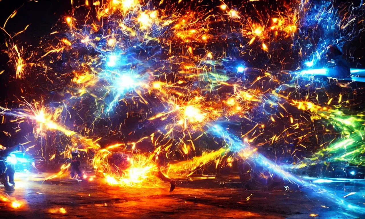 Image similar to epic fight between plumbers and electricians, dramatic, dynamic, flares, water, cinematic