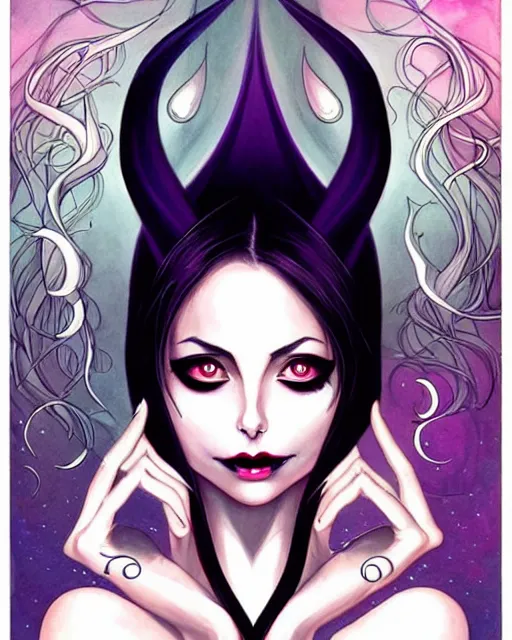 Prompt: style of kelly mckernan, artgerm : : gorgeous willa holland : : evil witch, swirling black magic, black dress : : symmetrical face, symmetrical eyes : : full body pose : : gorgeous black hair : : magic lighting, low spacial lighting : :