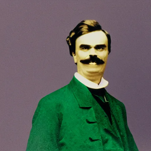 Image similar to friedrich nietzsche studio photography, purple background, smiling