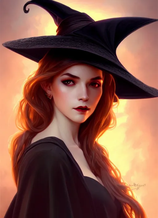 Prompt: portrait photography of cute attractive sexy witch wearing a large wide - brimmed witch hat, intricate, elegant, highly detailed, digital painting, artstation, concept art, matte, sharp focus, illustration, hearthstone, art by artgerm and greg rutkowski and alphonse mucha