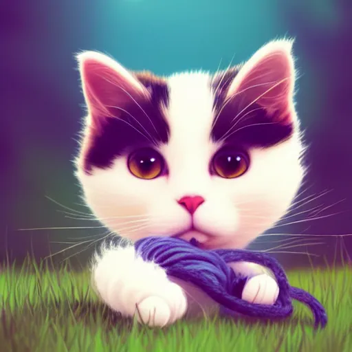 Prompt: a cute calico cat playing with a ball of yarn outside in the grass on a beautiful day, artstation, cgsociety, storybook art