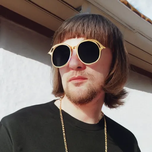 Image similar to huggy wuggy wearing shades and a gold chain