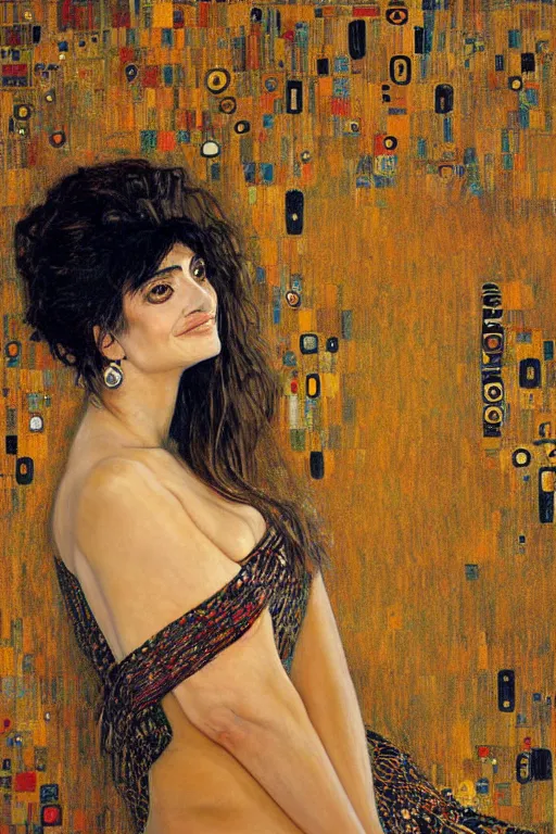 Image similar to oil painting, portrait of penelope cruz, artwork by gustav klimt