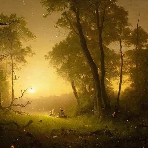 Image similar to an oil painting of a forrest at dusk with a moonlight clearing and fireflies and an abandoned tent. By carl spitzweg tuomas korpi and greg rutkowski