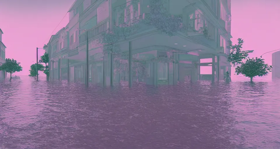 Image similar to 80s vaporwave outrun 3d Render of a german town being flooded, liminal space retro, grainy, noisy, early 90s cgi