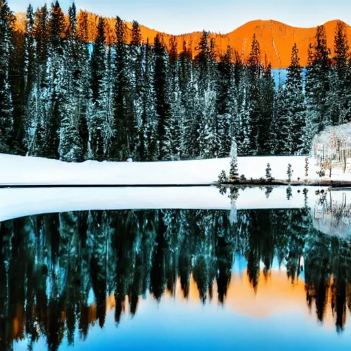 Prompt: A cabin in the woods near a lake and a mountain, snowy, reflection on clear lake, 4k HD award winning photograph