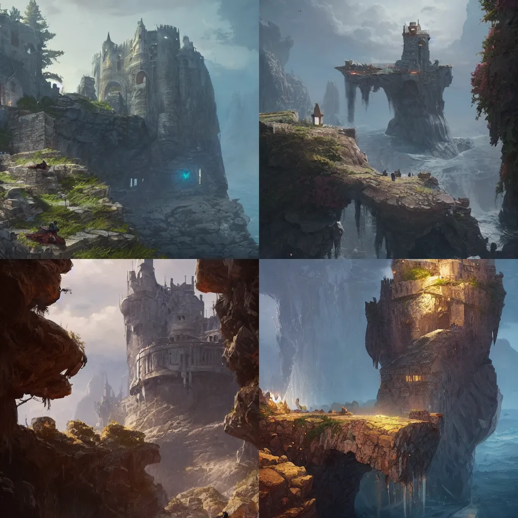 Image similar to Сastle on the rock, Unreal Engine, Greg Rutkowski, ArtStation