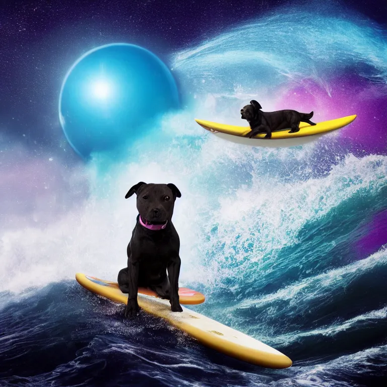 Prompt: photo of a female black coat pit bull with white paws, surfing on a surfboard in a crashing wave of alien ocean in space, background is an alien galaxy, aliens in the background, alien colors, octane render, unreal engine, wide view, 8 k, high detaild