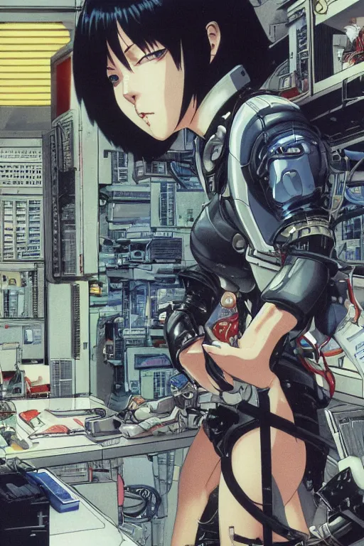 Image similar to hyperdetailed cyberpunk anime illustration of motoko kusanagi in lab getting repaired, by masamune shirow and katsuhiro otomo