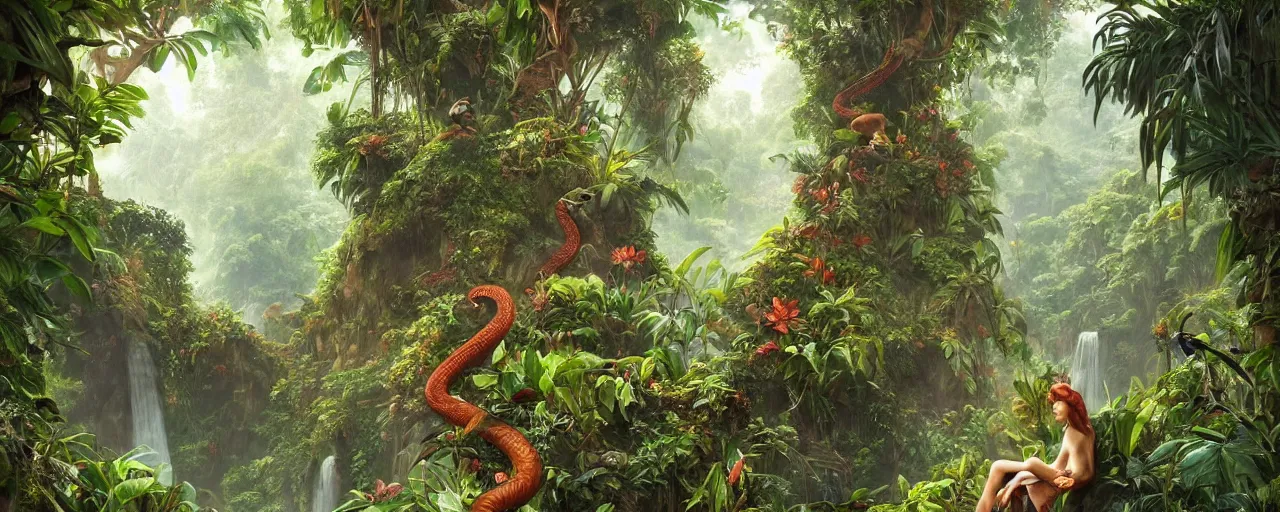 Image similar to a beautiful jungle landscape bordered by vines, flowers, tropical birds, monkey, snake, river with stunning water, d & d, fantasy, intricate, elegant, highly detailed, digital painting, artstation, concept art, matte, sharp focus, illustration, art by artgerm and greg rutkowski and alphonse mucha