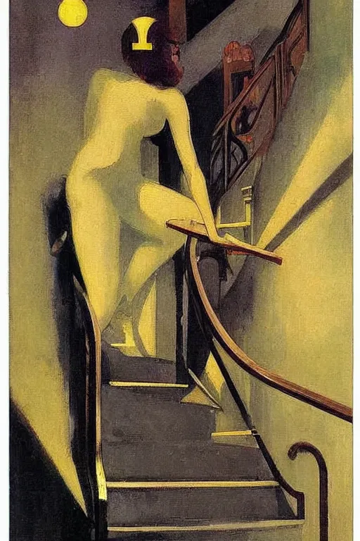 Prompt: 1920s decorated art deco Tarot Card by Tito Corbella, by Edward Hopper, surrealist ballroom casts long exaggerated shadows, light rays illuminate dust, impressionst oil painting on wood, big impressionist oil paint strokes, decadent spiral staircase, 1930s art deco interior concept art by Ivan Aivazovsky
