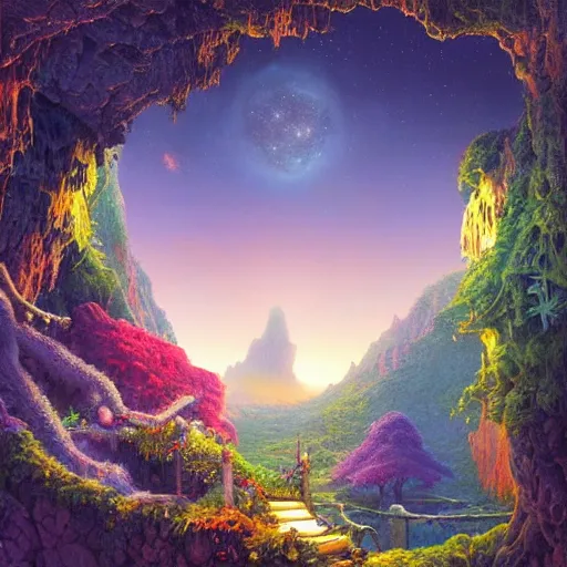 Prompt: lush stars cavern matte painting depth of field rich nature photography ornate by lisa frank, andreas franke, rob gonsalves, evgeny lushpin, andreas rocha, wlop, greg rutkowski, tomasz alen kopera