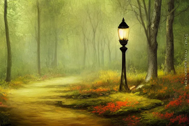 Image similar to vintage iron lamp post in the forest in the spring. Cinematic, dark, hiking trail. Intricately detailed oil painting