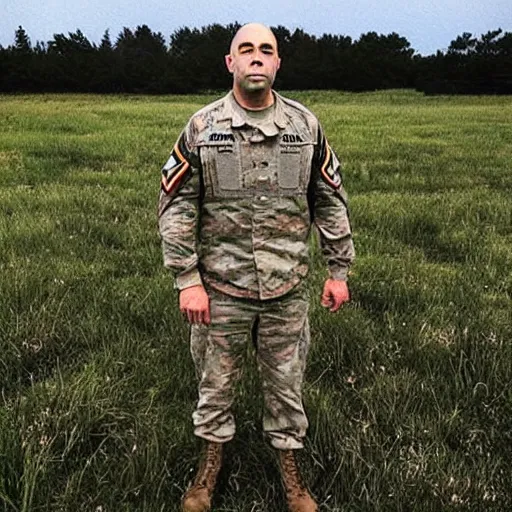 Image similar to “Joe Rogan standing in the middle of a field wearing the US Army uniform with a grumpy look on his face”