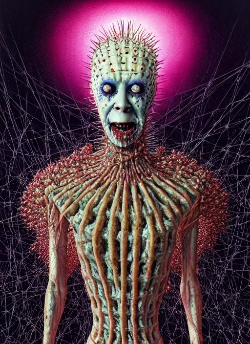 Image similar to hyper detailed 3d render like an Oil painting - Pinhead (Cenobite - Hellraiser) seen Eating of the Strangling network of yellowcake aerochrome and milky Fruit and Her delicate Hands hold of gossamer polyp blossoms bring iridescent fungal flowers whose spores black the foolish stars by Jacek Yerka, Mariusz Lewandowski, Houdini algorithmic generative render, Abstract brush strokes, Masterpiece, Edward Hopper and James Gilleard, Zdzislaw Beksinski, Mark Ryden, Wolfgang Lettl, hints of Yayoi Kasuma, octane render, 8k