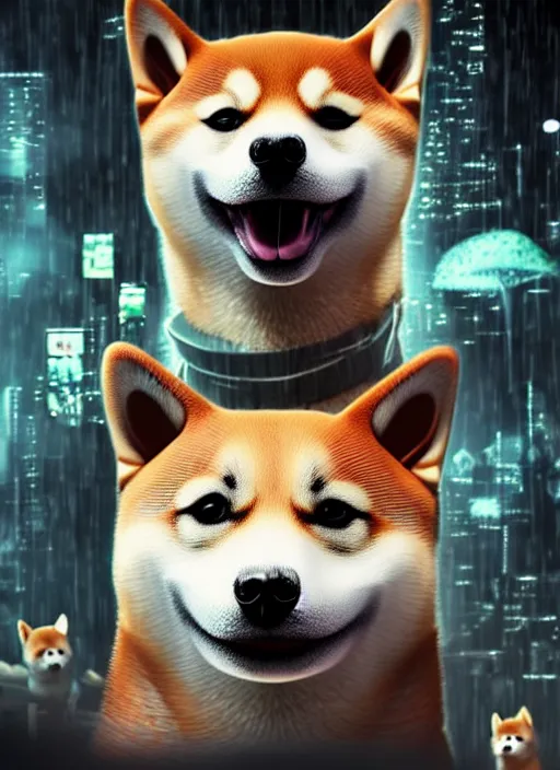 Image similar to shiba inu with mushrooms growing out of it's face. Very detailed 8k. Fantasy cyberpunk horror. Sharp. Cinematic post-processing