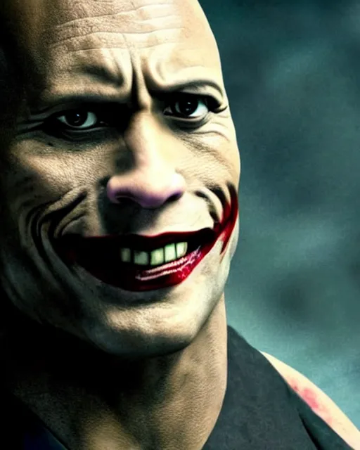 Image similar to Film still close-up shot of Dwayne The Rock Johnson as The Joker from the movie The Dark Knight