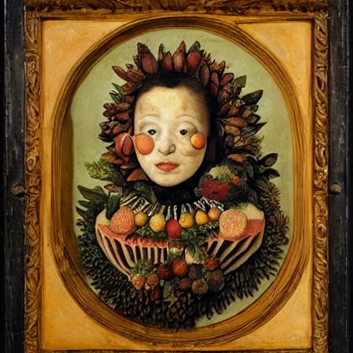 Image similar to portrait of young female made of fruits by Giuseppe Arcimboldo
