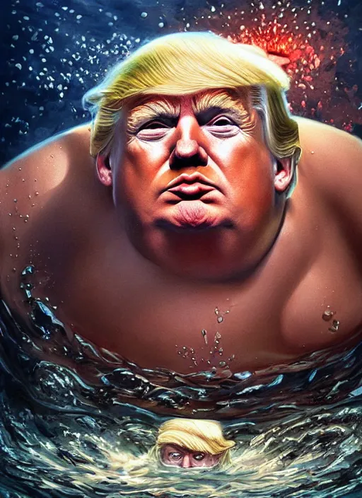 Prompt: extremely fat donald trump, doggy paddling, deep underwater, abyssal horror painting, elegant intricate digital painting artstation concept art by mark brooks and brad kunkle, extreme detailed