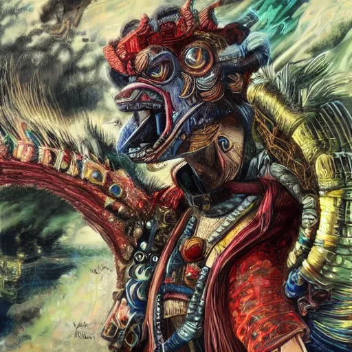 Image similar to a expressive portrait of masked diesel punk quetzalcoatl on the art of mayan ancient culture artstation award - winning realistic sci - f