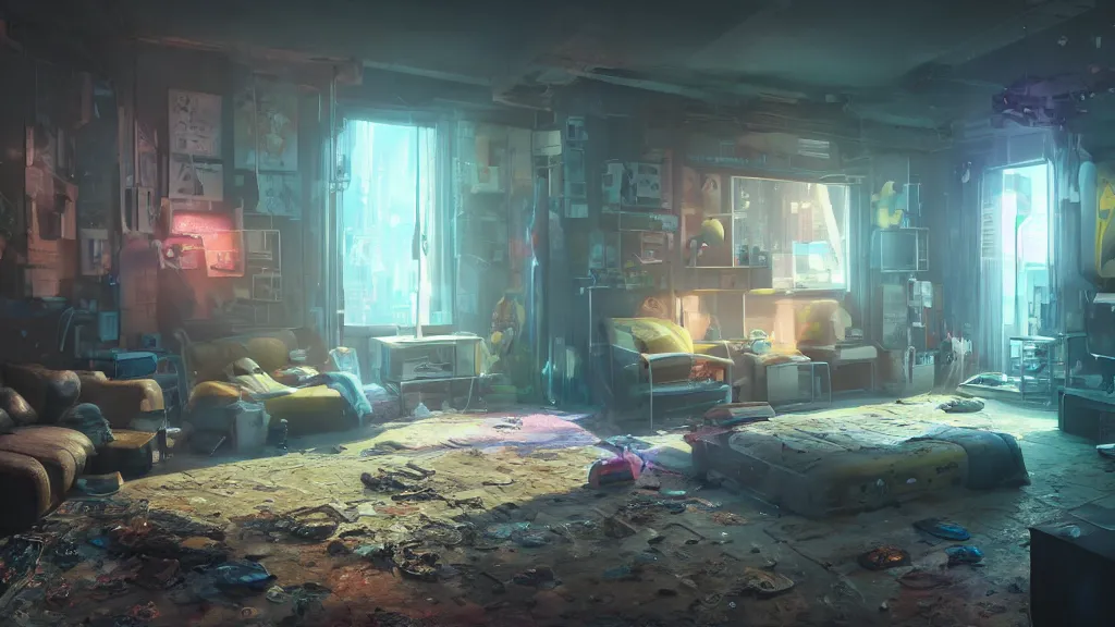 Prompt: Sponge Bob in the apartment room in a cyberpunk city, soft god rays from city lights outside the window, unreal engine 5, soft neon atmosphere, photorealistic, soothing colors, somber melancholic matte painting, hyperrealism, hyperrealistic, cinematic masterpiece, cyberpunk style 8k ultrahd octane render