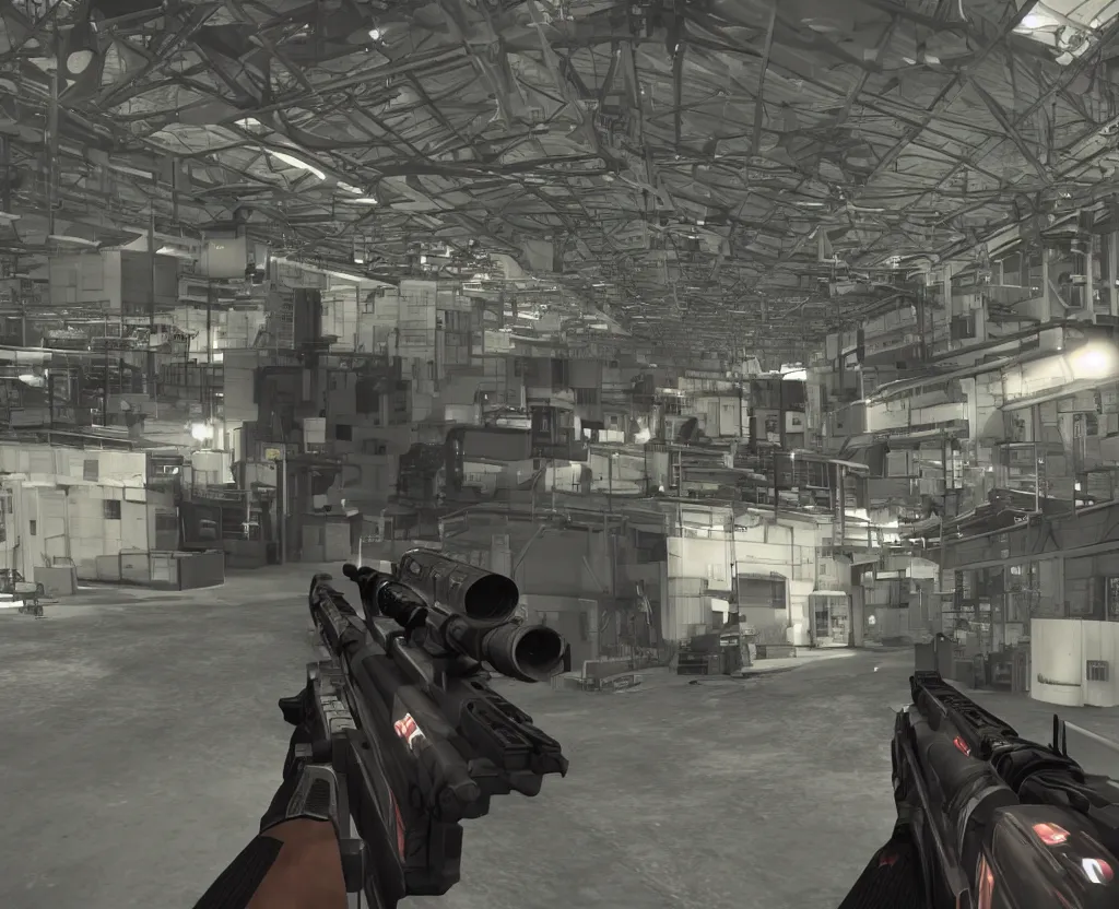 Image similar to first person shooter point of view of a factory
