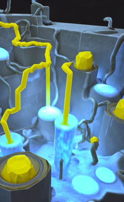 Prompt: liquid nitrogen with yellow water-cooling coolant flowing through latent representations of dark ice caverns undergoing centrifugal forces, illuminated by computer circuitry sticking out the walls, high detail, high contrast, low-poly elements, 90s low poly render, 4k upscaling