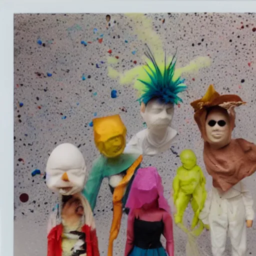 Image similar to polaroid of figures made from coloured smoke and eggshells, wearing funny hats and huge masks