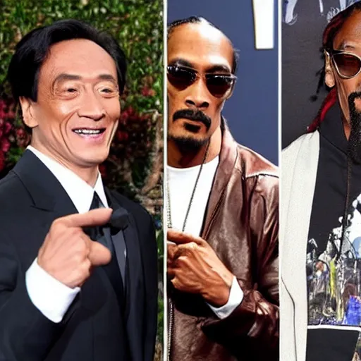 Image similar to a picture of the rock, snoop Dogg and Jackie Chan posing together for the camera