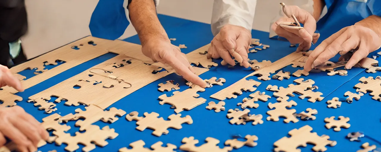 Prompt: a surgeon performing an operation on a jigsaw puzzle on a table