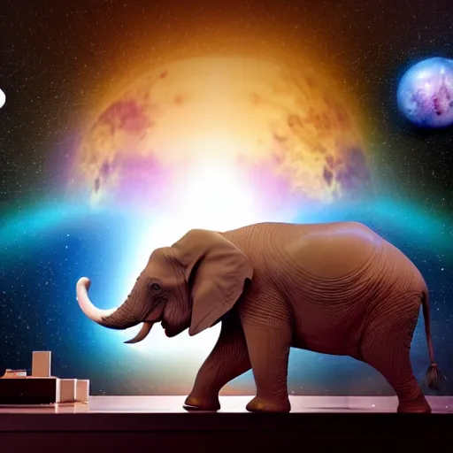 Image similar to a hyperrealistic 3D octane render of an elephant playing piano in a planetarium with planets and galaxies, trending on artstation, photorealism, 8k, 4K, dramatic lighting, glowing, volumetric lighting, ray tracing, unreal engine