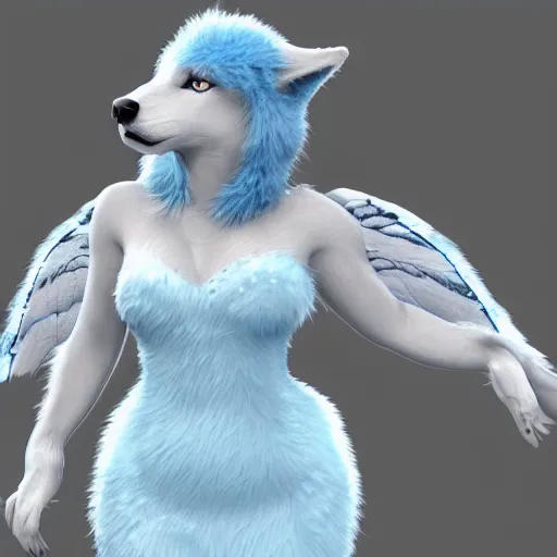 Prompt: 3 d render, well toned, large, female anthropomorphic wolf with wings, blue fur and scales with white spots and wings on her back, icey blue dress, furr covering her chest.