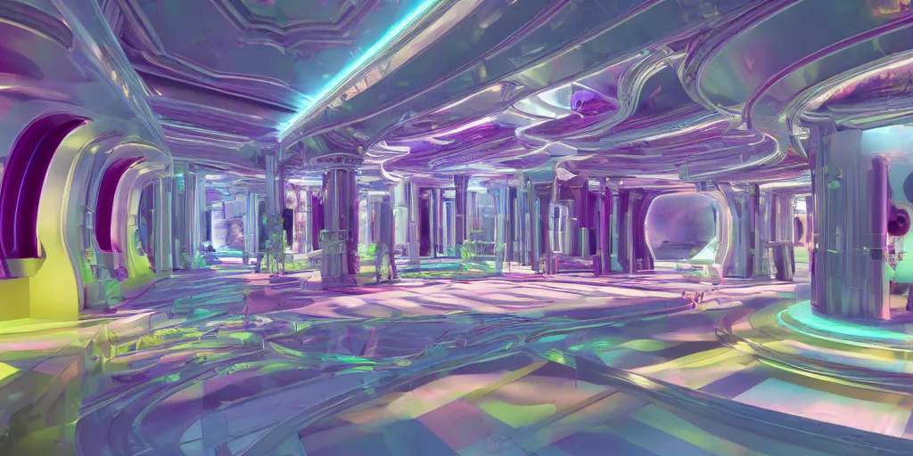 Image similar to colourful futuristic interior baroque, big open floor, 3 d render v - ray photo realistic, 8 k