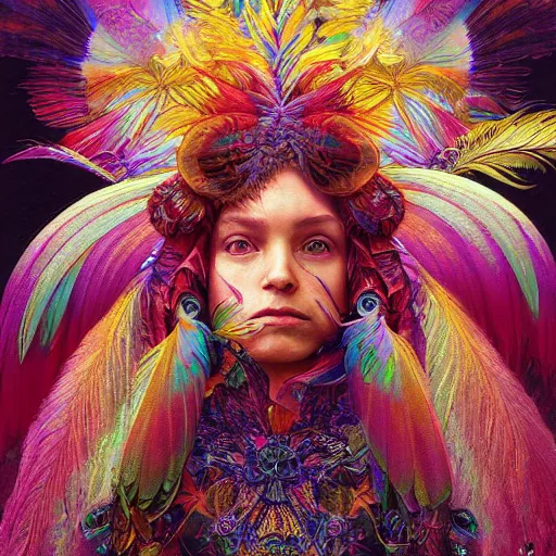 Image similar to A reality bending psychedelic ayahuasca experience, colorful, distorted, surreal, tropical bird feathers, dramatic lighting on the face, intricate, elegant, highly detailed, digital painting, concept art, smooth, sharp focus, illustration, art by Krenz Cushart and Wayne Barlowe and alphonse mucha