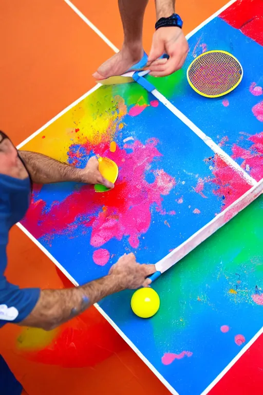 Image similar to man playing table tennis, paddle and ball, colorful paint splatters