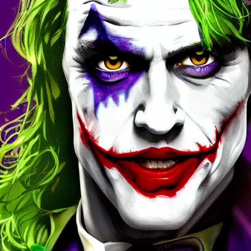 Image similar to the joker holding Margot Robbie printed pictures, digital painting, amazing detail, artstation, cgsociety