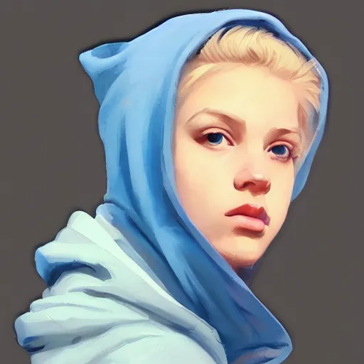 Image similar to greg manchess portrait sticker of a beautiful teen girl with blonde hair, wearing a blue hoodie, medium shot, asymmetrical, swedish, sticker, profile picture, organic painting, matte painting, bold shapes, hard edges, street art, trending on artstation, by huang guangjian and gil elvgren and sachin teng