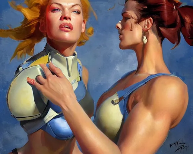 Image similar to greg manchess portrait painting of milla jovovich as beautiful thick female bodybuilder champion zarya from overwatch, medium shot, asymmetrical, profile picture, organic painting, sunny day, matte painting, bold shapes, hard edges, street art, trending on artstation, by huang guangjian and gil elvgren and sachin teng