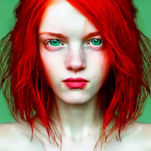 Image similar to a fantastic portrait photograph of a smiling girl with red hair and green eyes by Alessio Albi, symmetrical face, artstation, deviantart, hyperrealism