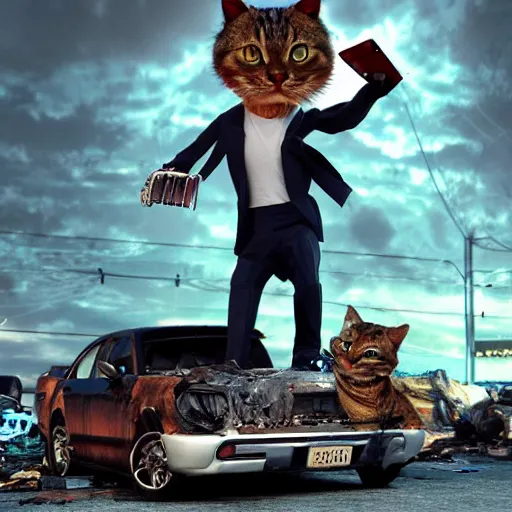 Image similar to digital render. aesthetics. handsomely. handsome half - man half - cat in work clothes. car dump with the remains of broken robots. anthropomorphic cats in the middle of a car dump. artstation trend, 4 k. wow. octane render. vray