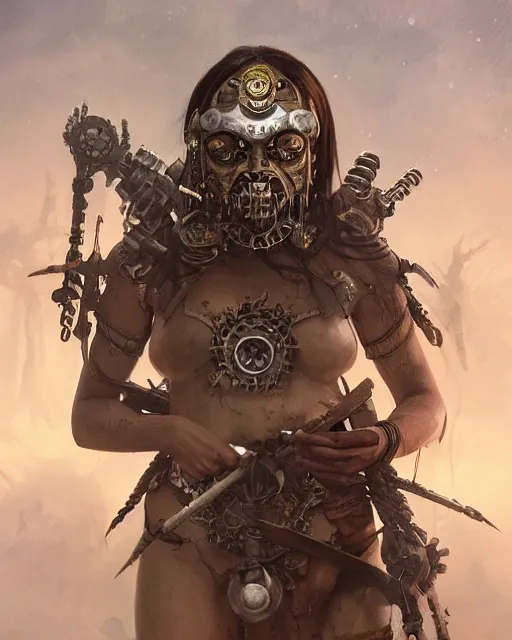 Prompt: hyper realistic portrait of postapocalyptic indonesian death cult monk cyborg girl with indonesian demon mask, sword and shield, beads, gears, machineparts, cinematic, artstation, cgsociety, greg rutkowski, james gurney, mignola, craig mullins, brom