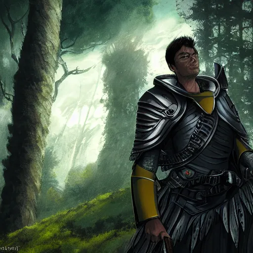 Image similar to A fantasy comic book style portrait painting by Junji Ito and Greg rutkowski of Karl Urban as a Paladin in a stunning ruin setting surrounded by yellow spring forest, unreal 5, DAZ, hyperrealistic, octane render, dungeons and dragons, dynamic lighting