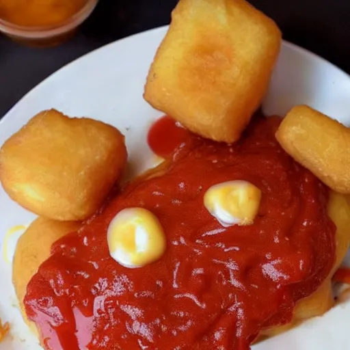 Image similar to food photo of channing tatum's face on top of giant tater tot on a plate with ketchup